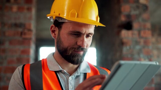Reading, engineer or man with tablet on construction site, progress report or building material order. Review, typing or happy person with record for infrastructure update, tech or safety checklist