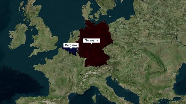 Satellite map animation of Western Europe zooming in on Germany and Belgium showing country borders with dark highlights and text labels for geographical and geopolitical concepts