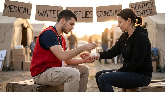 Volunteer assisting injured person with bandage application at refugee camp during sunset humanitarian relief mission providing medical care and support to civilians.