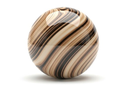 A spherical featuring swirling brown and cream colored marble patterns