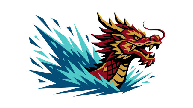 Powerful dragon head mascot emerging from water splashes.
