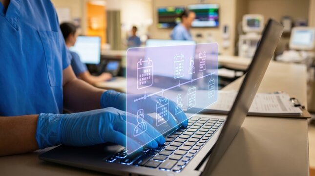 Medical Scheduling and Healthcare Technology Concept: Nurse Operating Laptop with Holographic Digital Timeline and Staff Icons in Clinic