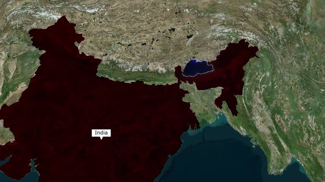 Dynamic earth animation showing the geographical boundaries of India and Bhutan in the Asian subcontinent