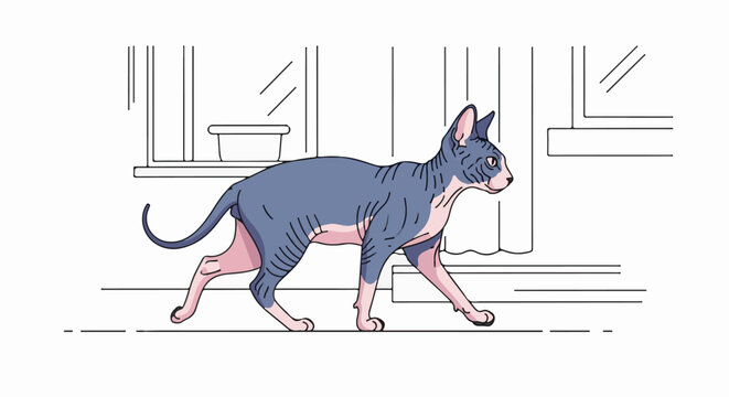 Stylized cartoon of a hairless cat with blue-grey and pink skin walking by a window