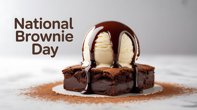 A rich brownie topped with vanilla ice cream and chocolate sauce, celebrating National Brownie Day.