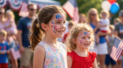 Fototapeta premium Happy children with patriotic face paint enjoying Fourth of July community celebration, joyful USA holiday concept highlighting childhood happiness, family fun, national pride and festive spirit