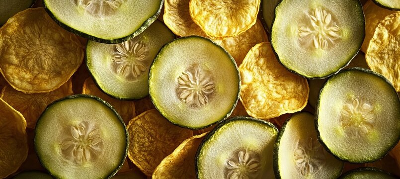 Dehydrated Cucumber Chips and Dried Slices Displayed in Matte Green Texture, Curled and Tiled