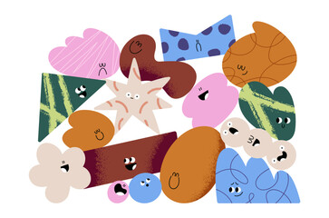 Obraz na płótnie Canvas Abstract geometric shape characters with cute face expressions, happy and sad emotions. Figures group, crowd composition. Funny doodle forms. Flat vector illustration isolated on white background