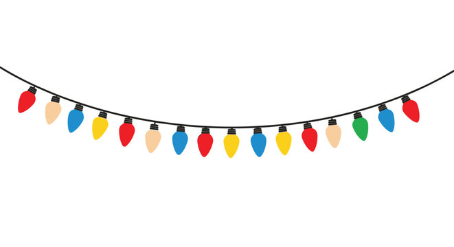 Colorful string of decorative holiday lights hangs in a gentle curve against a white backdrop for festive Christmas celebration designs.
