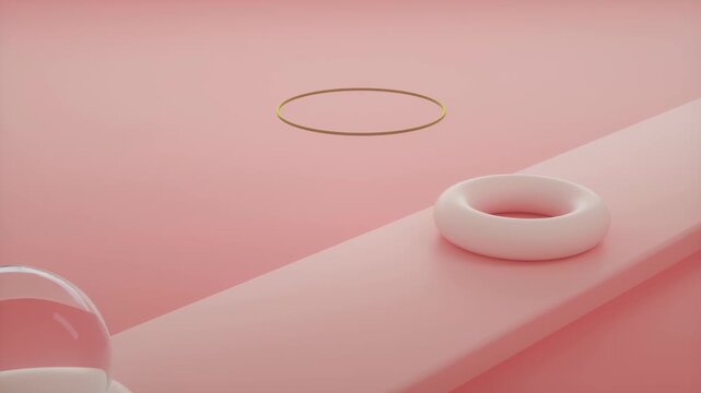 Soft pink minimalist 3D render showcasing a delicate golden loop floating above a geometric white torus on a smooth inclined surface, evoking serene continuity and modern elegance