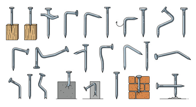 Collection of metal nails in various states showing straight and bent shapes used for construction or representing mistakes and progress.