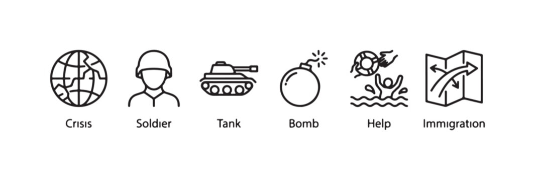 Conflict and Humanitarian Crisis Icons: War, Soldier, Bomb, Help, Immigration