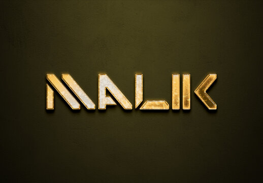 Old gold text effect of Arabic name Malik with 3D glossy style Mockup.