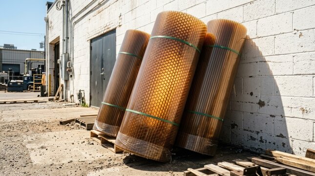 Corrugated plastic sheet rolls stacked on wooden pallet at construction site. Industrial building material for roof panel. Textured amber polycarbonate roll for exterior decoration.