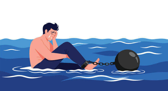 Sad man sits in the middle of a vast ocean with one leg chained to a heavy black ball representing depression or feeling stuck in life.