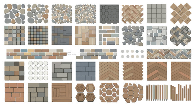 Large collection of diverse paving patterns for outdoor landscaping shows different stone, brick, and wood textures for architecture.