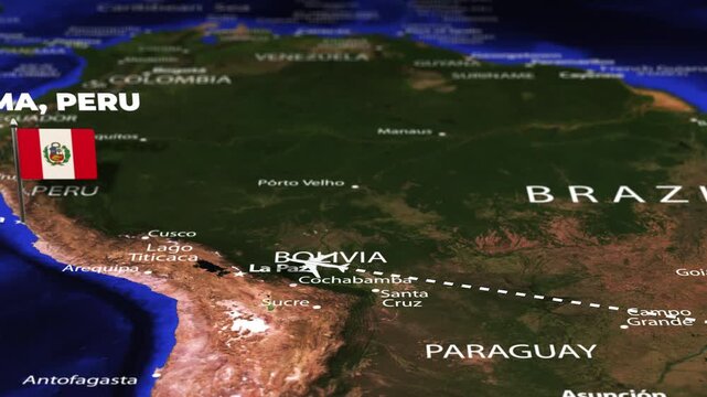 Flight From Rio Brazil to Lima Peru with flag pins