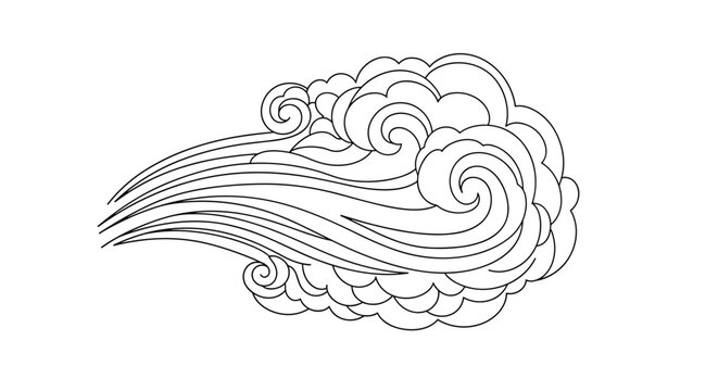 Traditional Japanese style wind and wave cloud line art illustration isolated on a white background for minimalist oriental graphic designs.
