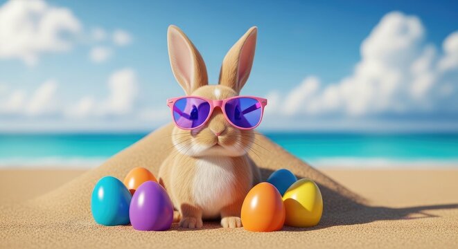 Summer vacation beach scene with rabbit and easter eggs coastal holiday relaxation and fun