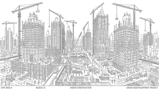 Detailed architectural drawing of a city under construction with numerous skyscrapers and cranes.