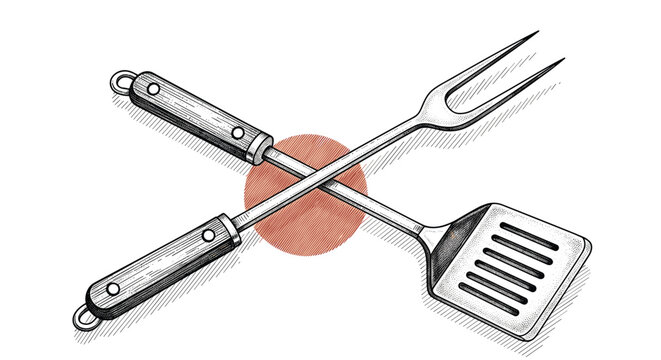 Detailed hand drawn sketch of a crossed fork and spatula kitchen utensils over a red textured circle for restaurant or barbecue branding logo.