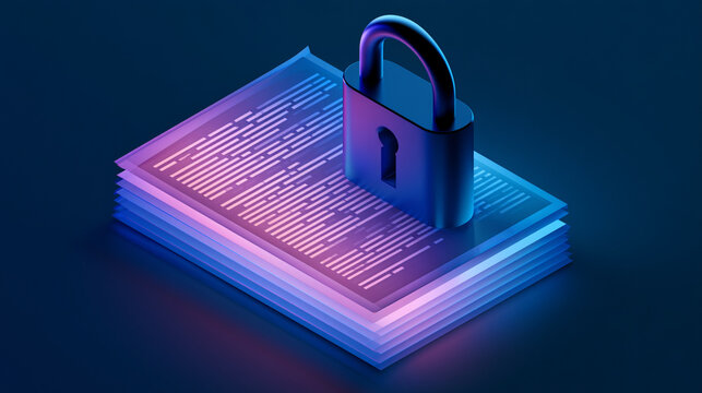Digital data document security concept featuring glowing padlock on printed paper
