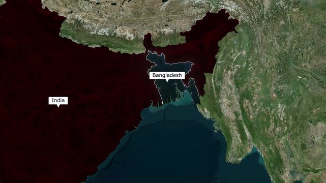 Satellite mapping of South Asia zooming on India and Bangladesh borders for geopolitical motion graphics