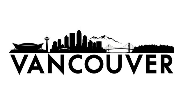 Vector illustration of Vancouver skyline in black silhouette, with &ldquo;VANCOUVER&rdquo; text, on white background, modern city identity and tour