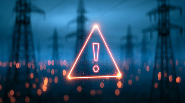 A warning triangle exclamation mark symbol on power grid infrastructure background

