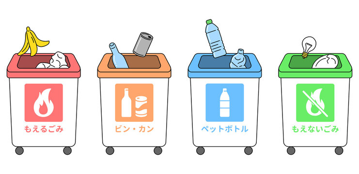 ごみ分別用の4種類のごみ箱とごみのイラストセット。Set of four types of recycling bins and trash illustrations for waste separation.
