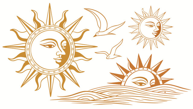 Vector illustration of celestial sun faces and seagulls with celestial engraving astrology illustration