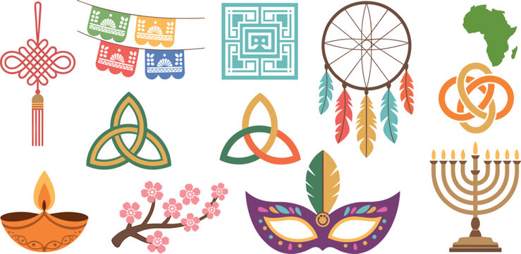Cultural symbols and traditions vector icons set representing diverse global celebrations isolated on white background