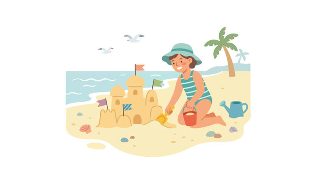 A happy young girl building a large sandcastle on a sunny beach during a summer holiday vacation with ocean waves palm trees and seagulls in 2d vector style