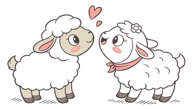 Vector illustration of two cute cartoon lambs showing affection with floating pink hearts, affection