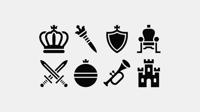 Royal symbols collection crown sceptre shield throne swords pomegranate trumpet castle.