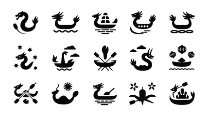 Series of dragon boat festival icons with festive rowing boats and various cultural themes. © SabitaRani