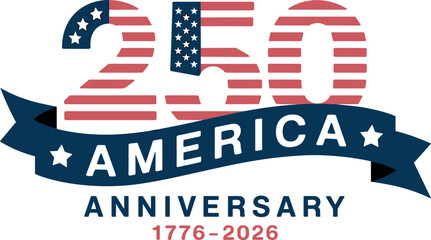 Obraz premium United States semiquincentennial 250th independence day anniversary celebration vector logo with American flag numbers ribbon and stars design