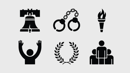 Set of six black vector icons: liberty bell, handcuffs, torch, raised hands, wreath, people. © SabitaRani