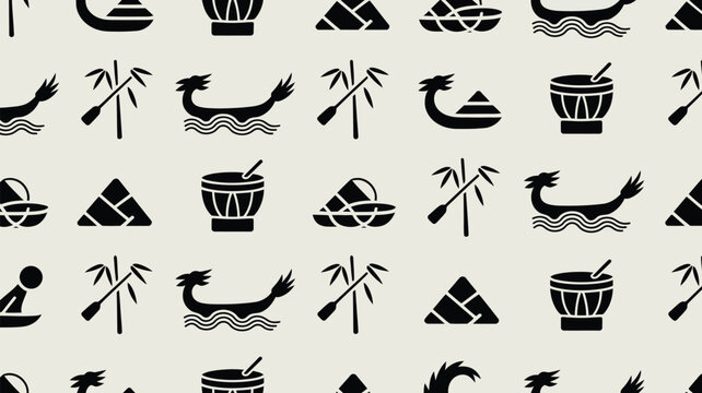 Set of dragon boat festival elements featuring traditional zongzi dumplings and drum icons.