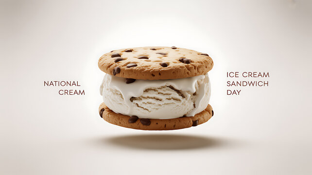An ice cream sandwich made with chocolate chip cookies and vanilla ice cream, floating against a neutral background, celebrating National Ice Cream Sandwich Day.
