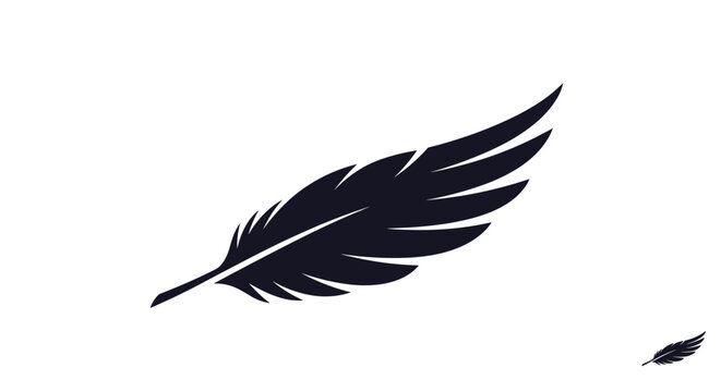 Minimalist black feather silhouette illustration on a white background representing lightness elegance and soft quill writing for modern logos.