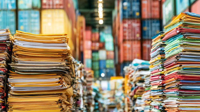Stack of colorful office folders containing paperwork at cargo port station
