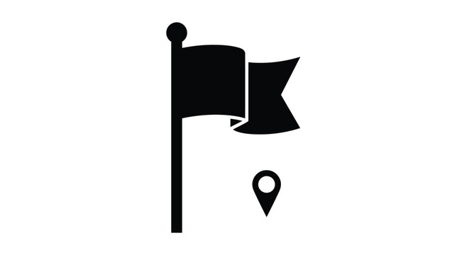 Solid black icon showing a flag on a pole next to a location pin symbol for marking points of interest on maps or navigation interfaces.