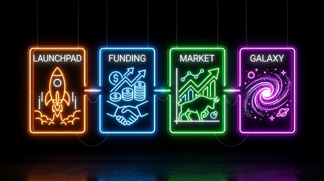 Neon signs for startup journey stages launchpad funding market and galaxy on black background