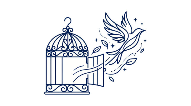 Bird Flying Out of Open Cage, Freedom Concept, Line Art Illustration