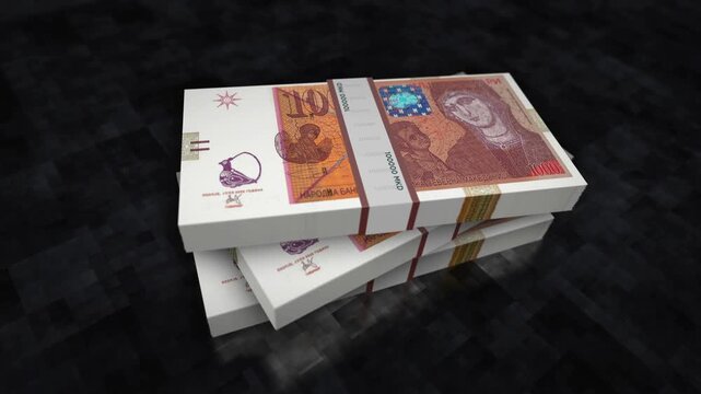 North Macedonia denars money pile pack. Concept background of economy, banking, business, crisis, recession, debt and finance. 1000 MKD banknotes stacks 3d animation.