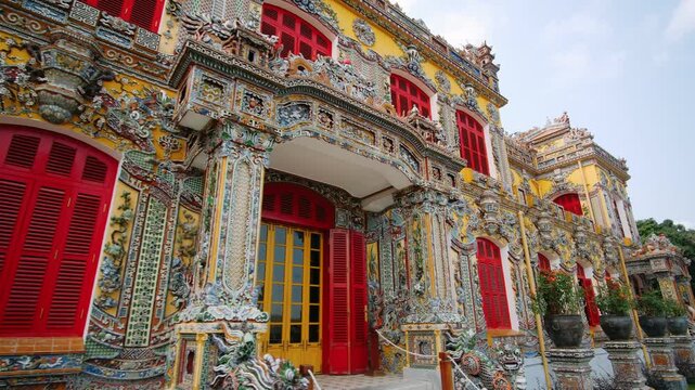 Vibrant mosaic architecture of Kien Trung Palace in imperial city of hue, vietnam, a famous imperial landmark. Unesco world heritage site
