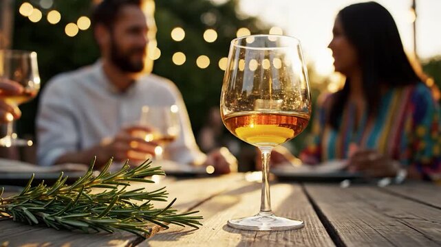 Close up of a glass of white wine on a rustic wooden table during an outdoor dinner party with friends at sunset