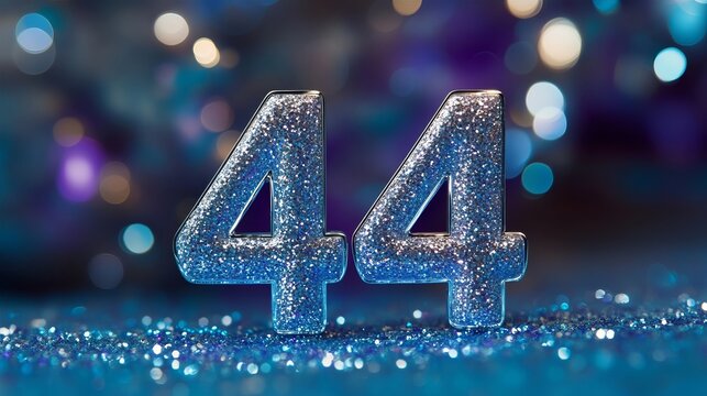 Elegant Celebration of 44 Years with Sparkling Silver Numbers and Soft Bokeh Turquoise Background