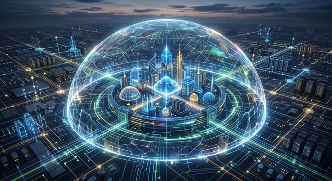 Data sovereignty concept with glowing blue cityscape inside a futuristic transparent sphere at dusk